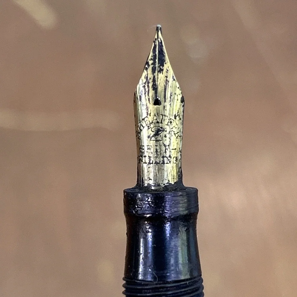 1920s Sheaffer Self Filling Pen W Gold Nib Chase Ebonite Flat Ring Top
